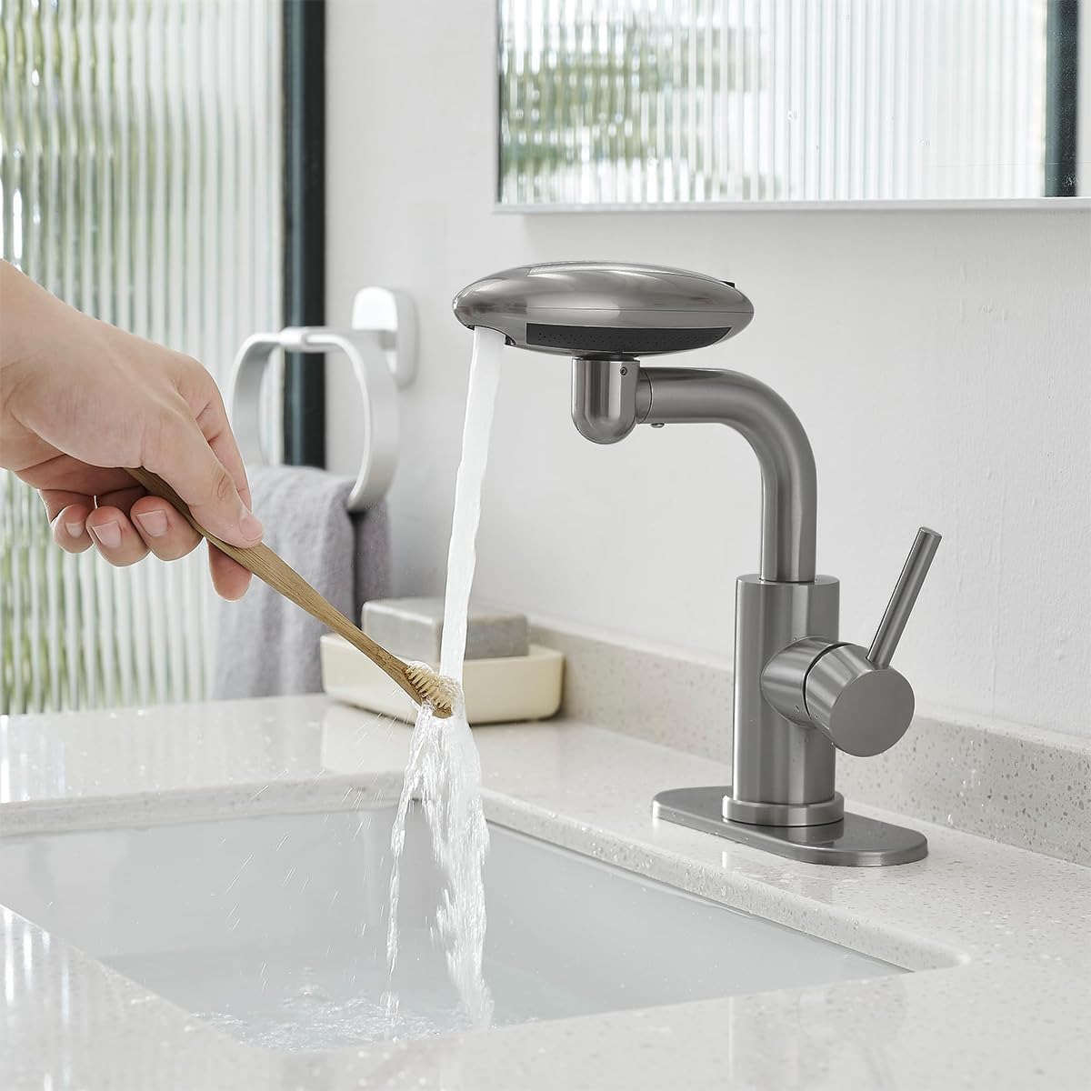 HASTHIP Waterfall Bathroom Sink Faucet, 4 Modes Single Hole Bathroom Faucet, 360° Rotating Single Handle Bathroom Faucet 1 Hole, Modern Swivel Bathroom Faucet, with 1/2 HASTHIP Waterfall Bathroom Sink Faucet, 4 Modes Single Hole Bathroom Faucet, 360° Rotating Single Handle Bathroom Faucet 1 Hole, Modern Swivel Bathroom Faucet, with 1/2